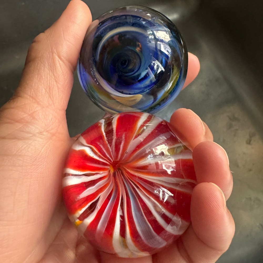 Vintage Art Glass Paperweight Marbles Set Blue Red Swirl Galaxy Y2K Decor